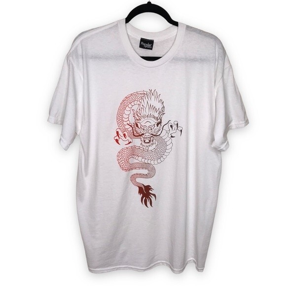 Popular Sports Dragon Graphic White Short Sleeve Crew Neck T Shirt Size Large - Picture 1 of 9